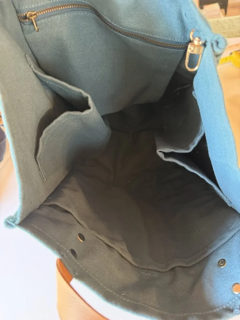 FEED Projects teal double-handle canvas pockets travel academia indie totebag